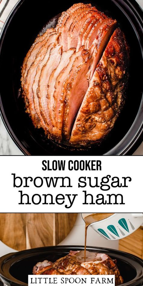 This slow cooker ham recipe is the best way to cook a holiday ham because the crock-pot does all the work for you! Everyone will go crazy for this spiral cut ham slow cooked to perfection in a brown sugar honey glaze. Thanksgiving and Christmas dinner couldn't be easier to make. Save valuable oven space for baking sweet potato casserole and pecan pie! Brown Sugar Honey Ham, Brown Sugar Honey Glaze, Slow Cooker Ham Recipes, Ham Recipes Crockpot, Honey Baked Ham Recipe, Sugar Ham, Brown Sugar Ham, Ham Recipes Baked, Ham Glaze Recipe