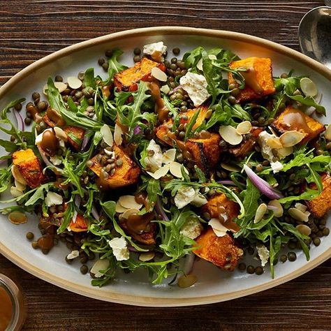 Pumpkin Lentil, Roast Pumpkin Salad, Warm Salad Recipes, Lentil Salad Recipes, Pumpkin Salad, Warm Salad, Pear Salad, Poached Chicken, Berries Recipes