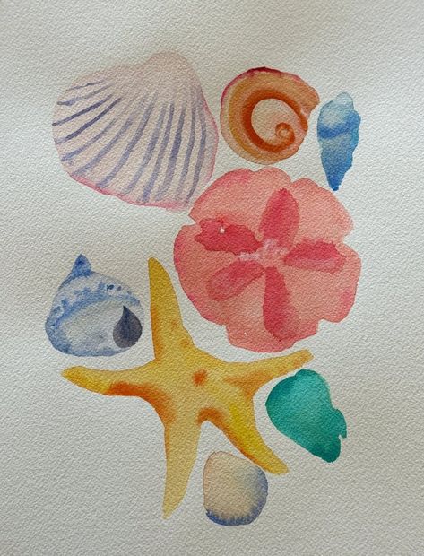 Sea Collection Coral Sand Dollar | 12” h x 9” w - Liza Pruitt Watercolor Cool Ideas, Pretty Small Paintings, Art Prints Watercolor, Groovy Watercolor Art, Beach Themed Watercolor, Beachy Art Prints, Color Ways Inspiration, Costal Granddaughter Paintings, Beach Simple Painting