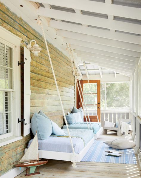 Coastal Glam Decor, Screened Porch Designs, Sleeping Porch, Porch Swings, Floating Bed, Cottage Ideas, Beach Cottage Style, Glam Decor, Porch Design