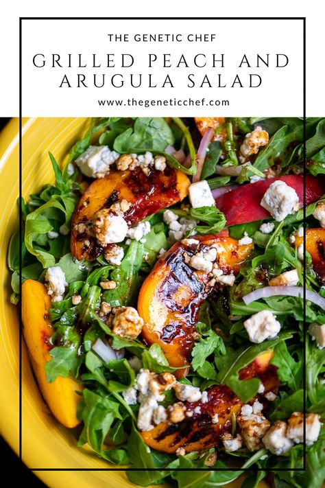 Peach Arugula And Blue Cheese Salad, Peach Steak Salad, Arugula Salad With Peaches, Arugula Peach Goat Cheese Salad, Grilled Cheese Salad, Peach And Blue Cheese Salad, Arugula Nectarine Salad, Peach Blue Cheese Salad, Recipes With Peach Balsamic Vinegar