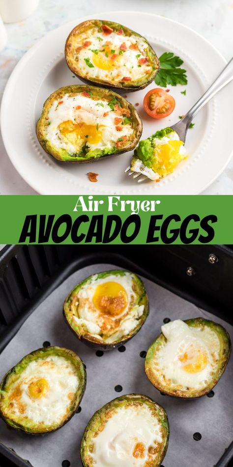 Air Fryer Avocado Eggs are a perfect way to use a ripe avocado loaded with protein. For a great low-carb breakfast, this is it! Boiled Eggs And Avocado Breakfast, Ww Avocado Recipes, Air Fryer Stuffed Avocado, Air Fry Avocado Egg, Low Carb Breakfast Air Fryer, Egg In Avocado Air Fryer, Air Fryer Diet Meals, Air Fryer Avacodos, Air Fryer Avocado Toast