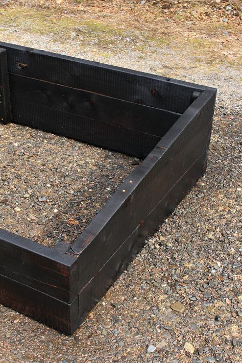 Easy DIY Cold Frame Garden Beds with Shou Sugi Ban Finish. Shou sugi ban raised garden beds tutorial. Learn how to make easy DIY cold frame garden beds with a shou sugi ban finish which chars the wood and helps it become more weatherproof to withstand the elements and last longer than untreated cedar. The end result is modern black garden beds that are designed to withstand all seasons of weather. Click through to see the finished DIY cold frame garden beds. #shousugiban #woodburning Black Raised Bed Garden, Raised Garden Beds Black, Black Raised Beds, Shou Sugi Ban Planter, Black Garden Beds, Black Raised Garden Beds, Modern Raised Garden Beds, Diy Cold Frame, Sugi Ban Wood