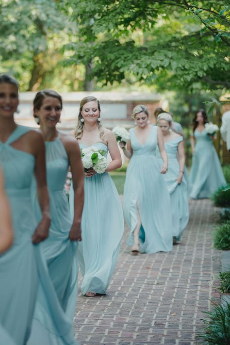 Bridesmaids look lovely in differently styled dresses. Aquamarine was an excellent color for the summertime ceremony in Virginia. #VAwedding Light Aqua Bridesmaid Dresses, Aquamarine Bridesmaid Dress, Aquamarine Wedding Theme, Aqua Bridesmaid Dresses, Aquamarine Dress, Aquamarine Wedding, Teal Bridesmaid Dresses, Bridesmaid Gowns, Color Board