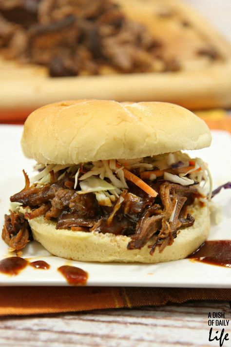 This mouthwatering Slow Cooked Barbeque Brisket recipe is a new family favorite! 10 minutes of prep time and just pop it in the oven to slow roast to perfection! Perfect easy weeknight meal or game day food! Bbq Beef Sandwiches, Bbq Pork Sandwiches, Beef Sandwiches, Pork Sandwiches, Brisket Recipes, Vegetarian Sandwich, Bbq Beef, Veggie Sandwich, Slow Roast