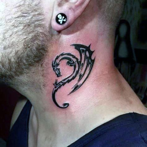 Mens Dragon Tattoos Tribal On Neck Dragon Tattoo Neck, Simple Neck Tattoos, Geisha Tattoos, Dragon Tattoo Arm, Tattoo Son, Best Neck Tattoos, Small Neck Tattoos, Dragons Tattoo, Molecule Tattoo