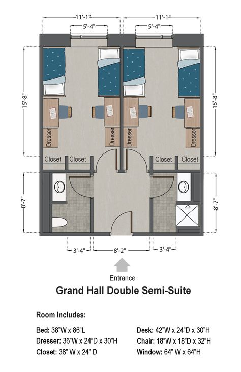 Grand Hall Double Semi-Suite, Four Person Student Dormitory Room Ideas, Four Person Bedroom, Dorm Plan Layout, 2 Person Dorm Room Layout, 2 Person Dorm Room, Dormitory Room Design, Dormitory Layout, Dorm Room Layout Double, Student Dormitory Room