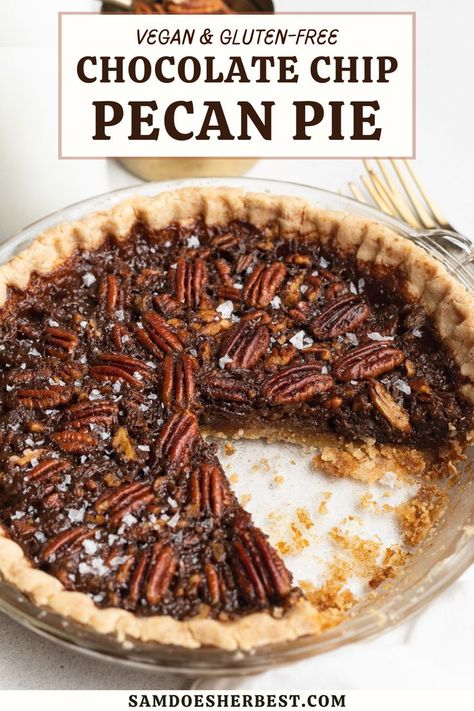 My homemade Vegan Chocolate Chip Pecan Pie recipe is simple, sweet, and soo delicious. Made with simple ingredients, and infused with unsalted pecans and chocolate chips, this pecan pie will be a huge hit during holiday dinners! Homemade Vegan Chocolate, Chocolate Chip Pecan Pie, Chocolate Pecan Pie Recipe, Vegan Pecan, Pecan Pie Easy, Healthy Pumpkin Pies, Healthy Cheesecake, Chocolate Pecan Pie, Gluten Free Chocolate Chip