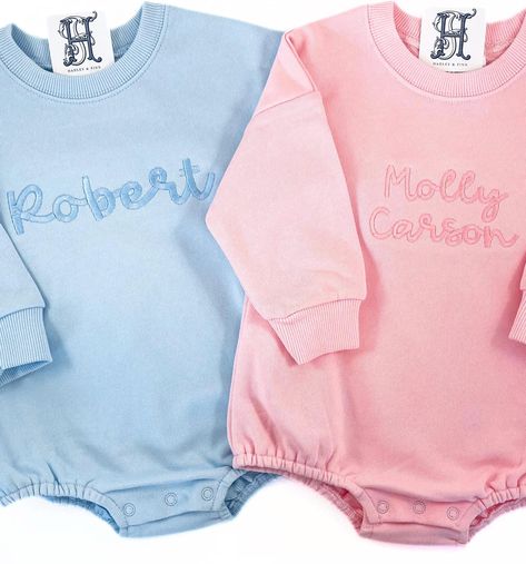 3 Season Cozy Butter Soft Sweatshirt Bubble Romper in Pink or Blu -Baby and Toddler-Personalized with Name Monochrome Color Embroidery  Product Care: Hand or machine wash with like colors inside out; hang or lay flat to dry Embroidered Bubble Romper, Embroidery Product, Itty Bitty Baby, Color Embroidery, Monochrome Color, Pink Or Blue, Bitty Baby, Bubble Romper, Blue Baby