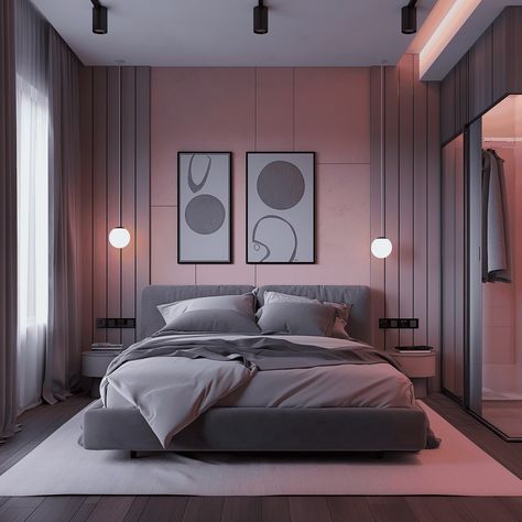 Stylish Pink and Gray Modern Bedroom [Room Inspiration] Gray Modern Bedroom, Gray And Pink Bedroom, Pink Gray Bedroom, Modern Color Schemes, Wallpaper Walls Decor, Minimalist Lighting, Living Room Windows, Pink Bedroom, Bedroom Layouts