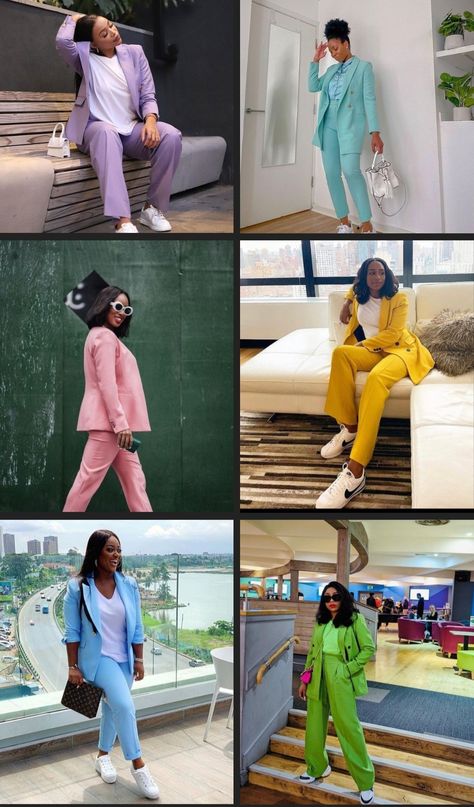 Six photo collage featuring melanated women wearing brightly colored and pastel colored pants suits paired with sneakers and trainers Pant Suit And Sneakers Women, Suits And Sneakers Women Outfit, Business Attire With Sneakers, Black Suit And Sneakers Women, Women In Suits And Sneakers, Pant Suit With Sneakers Black Women, Casual Friday Work Outfits With Sneakers, Business Casual Outfits For Women Bright Colors, Suits And Sneakers Women