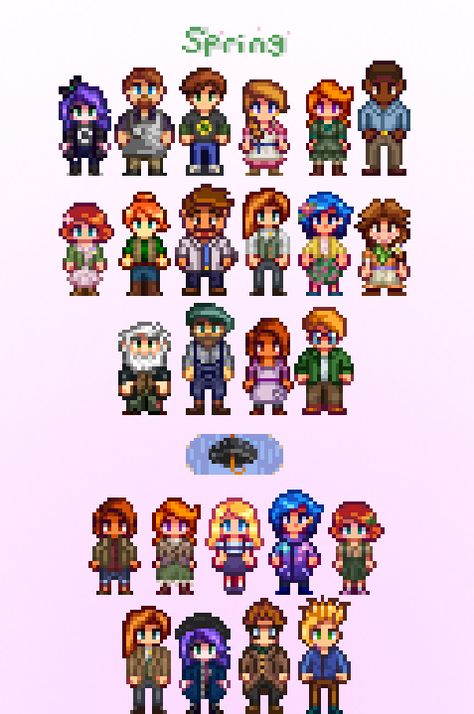 Seasonal Outfits by Tanpoponoko Stardew Perler, Pixel Character, Stardew Valley Tips, Stardew Valley Fanart, Seasonal Outfits, Pixel Characters, Horse Games, Pixel Art Tutorial, Art Outfits