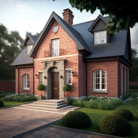 Creating Eye-catching Exteriors with Brick Design Ideas for Your Home • 333+ Images • [ArtFacade] Brick Facade Design House, Brick Architecture House, White Brick Black Windows, Large Brick House, Brick Black Windows, Cute Red Brick House, Brick Elevation Architecture, Traditional Home Exterior Brick, Loft House Exterior