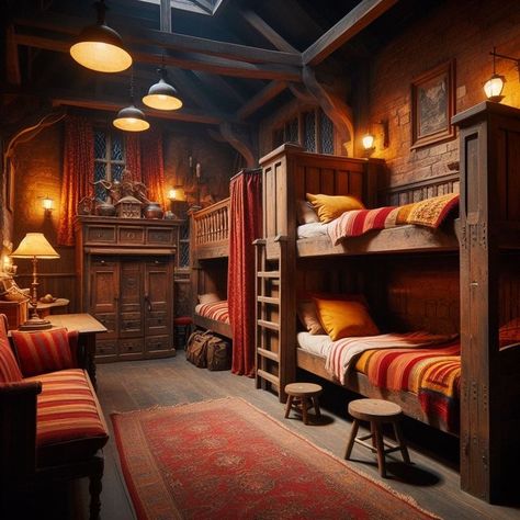 Harry Potter Dormitory, Hogwarts Aesthetic Bedroom, Fantasy Dormitory, Hogwarts Dorm Aesthetic, Griffindor Room Bedrooms, Magic Dorm Room, Gryffindor Bedroom Aesthetic, Gryffindor Bedroom Ideas, Gryffindor Dorm Room