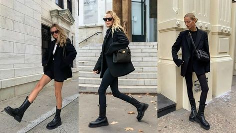 Bottega Veneta Boots Street Style, Lug Boots Outfit Fall, Black Lug Boots Outfit, Bottega Boots Outfit, Bottega Veneta Boots Outfit, Lug Boots Outfit, Stomper Boots, Bottega Veneta Outfit, Boots And Dresses