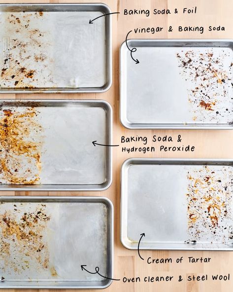 Cleaning Sheet Pans, Organize Baking Pans, How To Clean Baking Pans, Clean Cookie Sheets, Cleaning Baking Sheets, Clean Baking Pans, Baking Soda Benefits, Plastic Scraper, Baking Trays