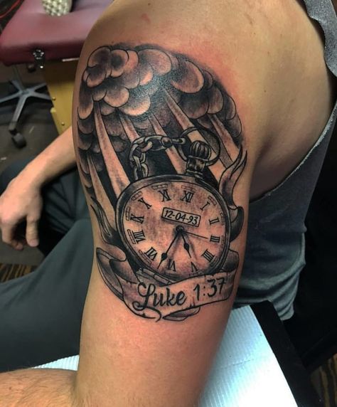 Pocket Watch Tattoo Ideas, Stop Watch Tattoo, Outer Bicep Tattoos, Shoulder Tattoos For Men, Pocket Watch Tattoo Design, Clock And Rose Tattoo, Shoulder And Arm Tattoo, Watch Tattoo Design, Pocket Watch Tattoos