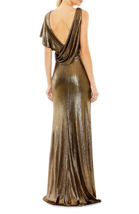 Gilded Grecian goddess is the design direction of an intoxicating gown done with rows of ruching and asymmetric details. 61" length (size 8) Surplice V-neck Single short sleeve Lined Asian Owned/Founded 100% polyester Spot clean Imported Single Butterfly, Mnm Couture, Jasz Couture, Draped Bodice, Grecian Goddess, Sheath Gown, Trumpet Gown, Designer Prom Dresses, Prom Designs