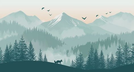 Vector Flat Illustration: Forest, Mountains, and Fox Atmospheric Perspective, Illustration Forest, Asian Artist, Procreate Tutorials, Painting 101, Inspirational Digital Art, Mountain Background, Darkest Dungeon, Serene Landscape