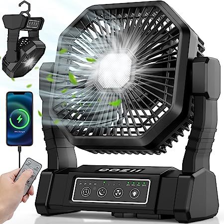 COZII Camping Fans for Tents, 20000mAh 75Hrs Battery Powered Rechargeable Camping Fan with 3 Colors Light, 4 Speeds, 4 Timing, Adjustable Head, Portable Camp Fan with Hanging Hook for Picnic, Patio Nitecore Flashlight, Clip On Fan, Tent Fan, Camping Materials, Camping Fan, Comfortable Camping, Portable Tv, Led Camping Lantern, Picnic Bbq