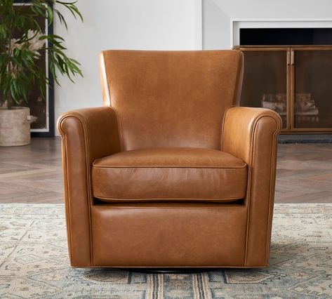 Irving Roll Arm Leather Swivel Armchair | Pottery Barn Irving Roll Arm Leather Swivel Armchair, Cute Swivel Chair, Small Leather Recliner, Pottery Barn Leather Chair, Pottery Barn Swivel Chair, Leather Swivel Recliner Chair, Comfortable Swivel Chair, Swivel Glider Chair Living Room, Recliner Chairs In Living Room