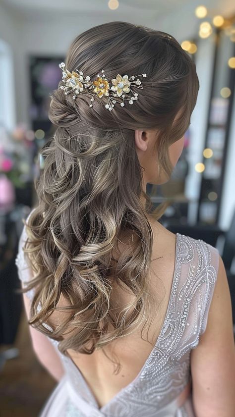 "Picture Day Hair Inspo: Fall’s Darkest Blonde & Brunette Shades" Darkest Blonde, Elegant Headbands, Brunette Shades, Half Down Prom Hairstyles, Prom Hairstyle Ideas, Half Up Half Down Prom, Down Prom Hairstyles, Half Up Curls, Braided Half Updo