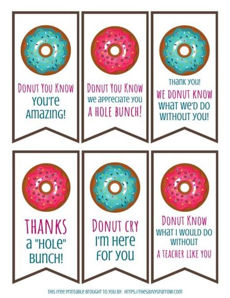 Looking for inexpensive teacher appreciation gifts?  Use these free printable gift tags to create a yummy end of the year teacher gift with donuts!  These free donut gift tags are also perfect for neighbor gifts, bus driver gifts, mailman gifts, and thinking of you gifts.  Click here to print these free gift tags now! Inexpensive Teacher Appreciation Gifts, Donut Gift Tag, Mailman Gifts, Inexpensive Teacher Gifts, Teacher Appreciation Gifts Printables, Donut Gifts, Appreciation Gifts Diy, Teacher Appreciation Gifts Diy, Teacher Appreciation Printables