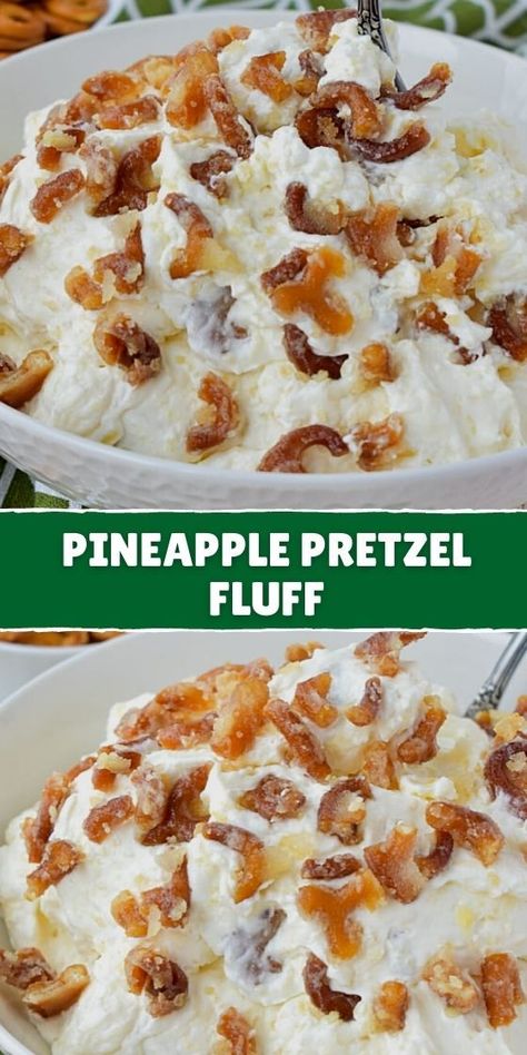 Pineapple Pretzel Fluff Pineapple Fluff Recipe With Pretzels, Pineapple Pretzel Salad Recipe, Pretzel Fluff Dessert, Pineapple Pretzel Fluff, Pretzel Fluff, Lite Desserts, Pineapple Dessert Easy, Student Dinners, Pineapple Pretzel Salad