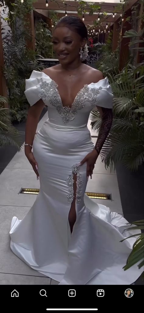 White And Gold African Wedding Dress, Wedding Dress Styles Black Women, Bridal Satin Dress Style In Nigeria, White Wedding Dresses Black Women, Court Wedding Dress In Nigeria, Sendoff Dresses Brides, Court Marriage Outfit, Court Wedding Outfit The Bride, Wedding Dress Black Women