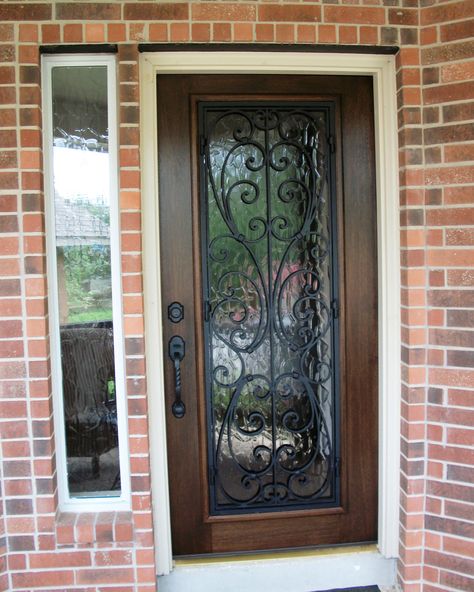 Wood and Wrought Iron Door: Milan Full Lite Mahogany Door with Flemish glass Wood And Wrought Iron Front Door, Single Exterior Door, Iron Front Door Single Farmhouse, Iron Front Door Single With Screen, Iron Front Door Single Rustic, Single Exterior Doors, Weought Iron Glass Doors, Mahogany Door, Exterior Updates