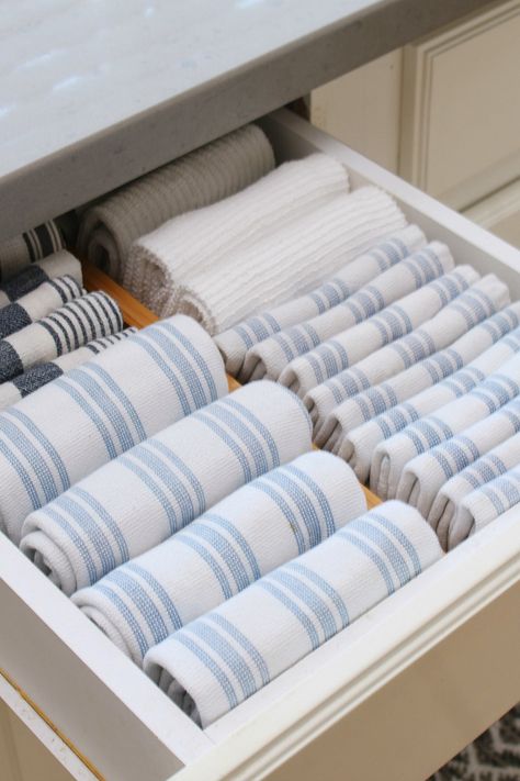 Organization For Kitchen Drawers, Storage Under Farmhouse Sink, Organising Kitchen Drawers, Kitchen Drawer Glass Organizer, Kitchen Towel Storage Ideas Drawers, Kitchen Towels Organization Ideas, Kitchen Rag Storage, Organizing Kitchen Cabinets Drawer, How To Organize Kitchen Towels