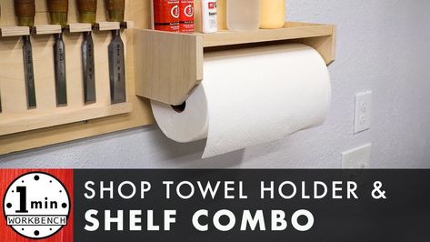 https://oneminuteworkbench.com/product/shop-towel-holder-shelf-combo-free/ ... Diy Paper Towel Holder, Farmhouse Paper Towel Holders, Vertical Paper Towel Holder, Rustic Paper Towel Holders, Towel Holder Diy, Kitchen Towel Holder, Towel Shelf, Small Shelf, Built In Shelf