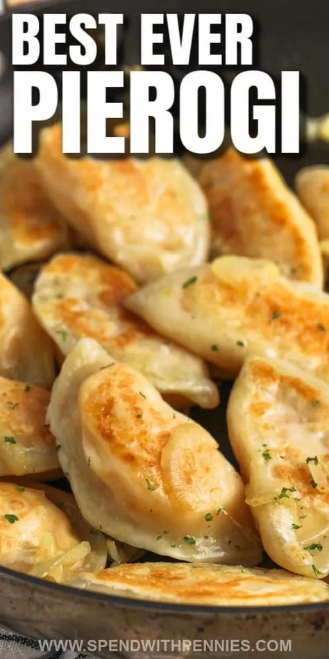 Potato and cheese pierogies are hearty, filling comfort food that can be served alone or with a variety of sides! Try them with bacon bits, sour cream, and chives, or sauteed onions. #spendwithpennies #pierogies #sidedish #entree #recipe #pierogiesrecipe #perogies #perogis #perogy #comfortfood #easyfreezermaindishes #cheesypotatoes #heartyappetizers #polishrecipes #familyfriendly Potato And Onion Perogies, Perigees Recipes, How To Cook Perogies, Beef Pierogi Recipe, Perogies Filling Ideas, Perogie Filling Ideas, Perogie Recipies, Pierogi Filling Recipes, Perogies Dinner Ideas