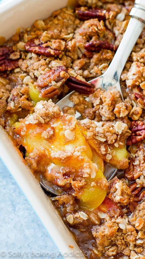 Peaches And Pecans Recipes, Peach Cobbler With Pecans, Peach And Pecan Cobbler, Pecan Crisp, Peach Dessert Recipes, Peach Crisp, Sally's Baking, Fruit Crisp, Fruit Cobbler