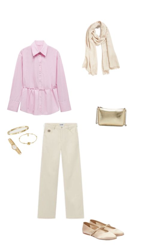 pink shirt with belt, beige straight jeans, beige hijab, beige ballet flats, gold metallic bag, gold jewelry, hijabi outfit Beige Flats Outfit, Beige Straight Jeans, Beige Hijab, Hijabi Summer Outfits, Beige Ballet Flats, Shirt With Belt, Hijabi Outfit, Beige Flats, Jeans Beige