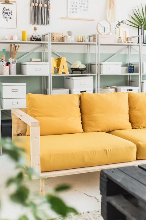 Make Yourself Comfortable with this Easy DIY Wooden Studio Sofa | Fall For DIY Wooden Living Room Furniture, Studio Sofa, Wooden Couch, Furnitur Ruang Keluarga, Diy Living Room Furniture, Wooden Living Room, Couch Diy, Trendy Furniture, Diy Couch