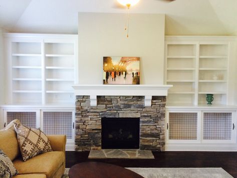 Fireplace Built-Ins with Adjustable Shelves, Crown, and Bypass Door Dog Crates Built In With Dog Crate, Built In Dog Crate Next To Fireplace, Fireplace With Dog Kennel, Dog Kennel Built In, Built In Dog Crate Living Room, Built In Dog Bed, Jade Palace, Crate Bookcase, Fireplace Bookcase