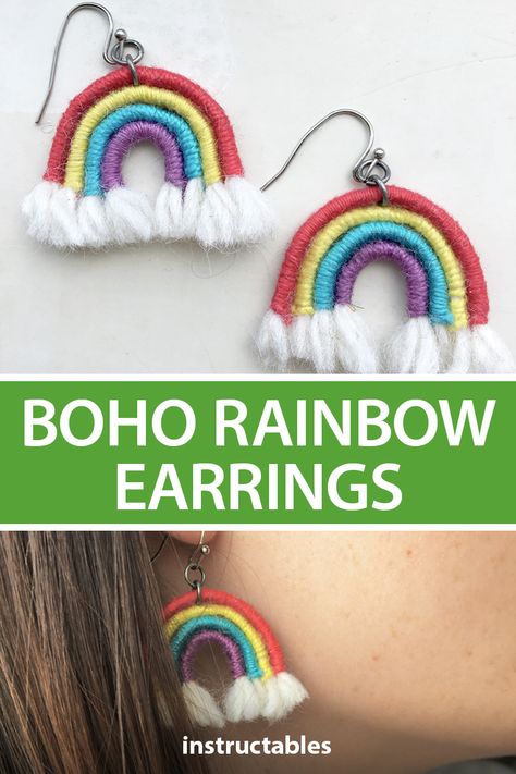 Rainbow Macrame Earrings, Pride Earrings Diy, Rainbow Earrings Diy, Yarn Earrings Diy, Diy Pride Crafts, Pompon Earrings, Macrame Earrings Diy, Diy Yarn Earrings, Pride Crafts