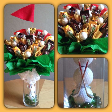 Golf theme candy bouquet Golf Ball Bouquet Gift Ideas, Golf Bouquets, Homemade Golf Gifts, Senior Night Gift Ideas Golf, Golf Themed Gift Baskets, Golf Themed Gifts, Golf Ball Bouquet, Golf Senior Night Gifts, Senior Golf Gifts