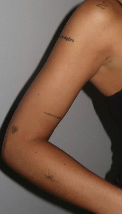 Single Needle Arm Tattoos, Charlie D'amelio Tattoo, Arm Tattoos Dainty, Delaney Childs Tattoo, Tattoo Types Of Styles, Random Arm Tattoos, Arm Tattoo Placements, Arm Word Tattoos For Women, Life Is Good Tattoo