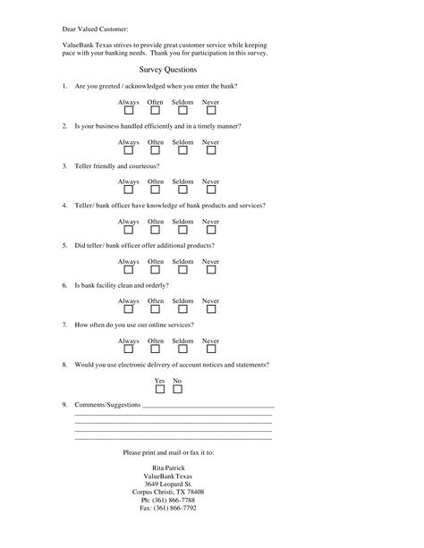 Sample Bank Survey Questionnaire Sample - How to create a Bank Survey Questionnaire Sample? Download this Sample Bank Survey Questionnaire Sample template now! Customer Survey Questions, Questionnaire Sample, Survey Questionnaire, Questionnaire Template, Customer Survey, Survey Questions, Business Template, How To, No Response