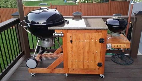 Hanging a weber kettle - The BBQ BRETHREN FORUMS. Weber Grill Cart, Weber Grill Table Diy, Weber Grill Table, Diy Grill Table, Kettle Bbq, Table Grill, Weber Charcoal Grill, Weber Kettle, Grill Stand