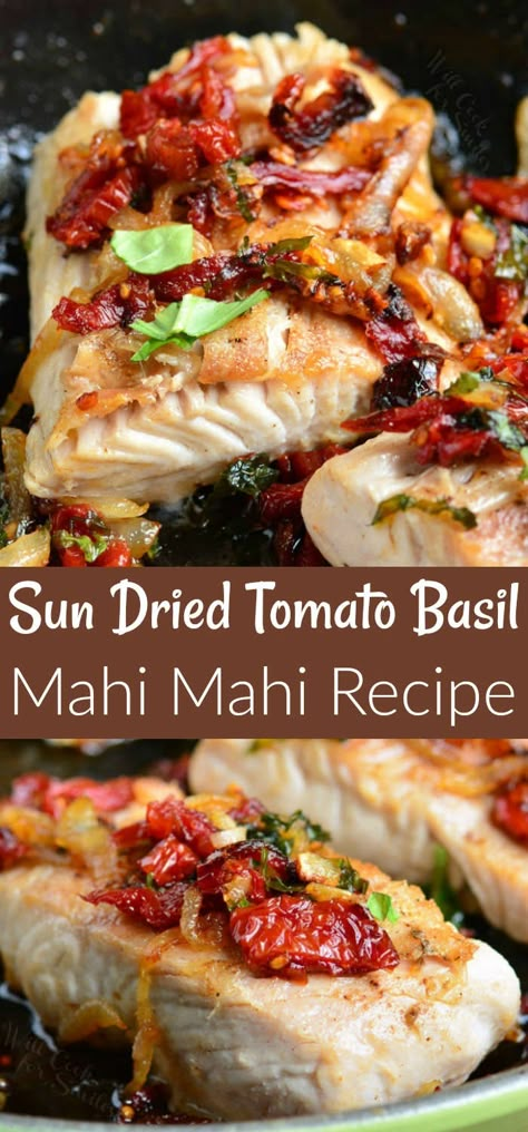 Tomato Basil Mahi Mahi. Tender, firm and flaky mahi mahi fillets pan seared with delicious combination of shallots, sun dried tomatoes, and basil. #fishdinner #mahimahi #easymahimahi #easydinner Baked Mahi Mahi, Mahi Mahi Recipes, Fish Dinner Recipes, Fish Recipes Healthy, Fish Dinner, Sun Dried Tomatoes, Seafood Dinner, Mediterranean Diet Recipes, Tomato Basil