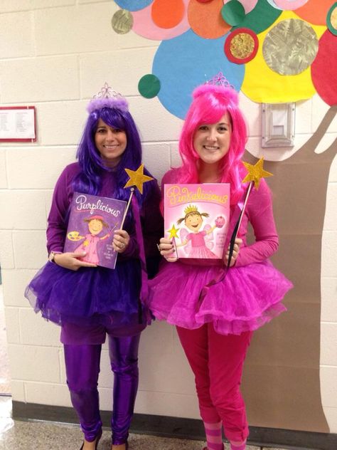 Pinkalicious and Purplicious! :) Book Character Costumes For Adults, Teacher Book Character Costumes, Childrens Book Character Costumes, Kids Book Character Costumes, Storybook Character Costumes, Book Characters Dress Up, Book Character Day, Childrens Book Characters, Teacher Halloween Costumes