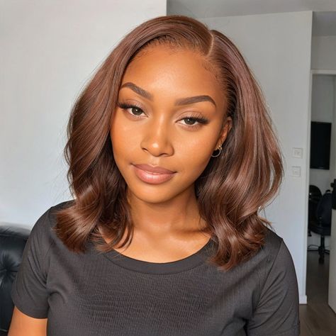 Single Process Hair Color Black Women, Chocolate Brown Bob Black Women, Hair Colors For Cool Undertones, Wig Bob Hairstyles, Black Women Brown Hair, Side Part Natural Hair, Light Brown Hair On Brown Skin, Chocolate Brown Hair Color Black Women, Long Bob Black Women