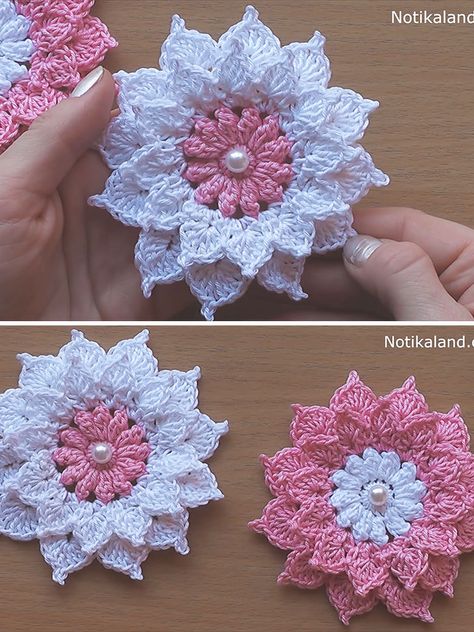 Vest Haken, Anting Manik, Crochet Puff Flower, Crochet Flowers Easy, Crochet Flowers Free Pattern, Crocheted Flowers, Pola Amigurumi, Crochet Flower Tutorial, Crochet Rose