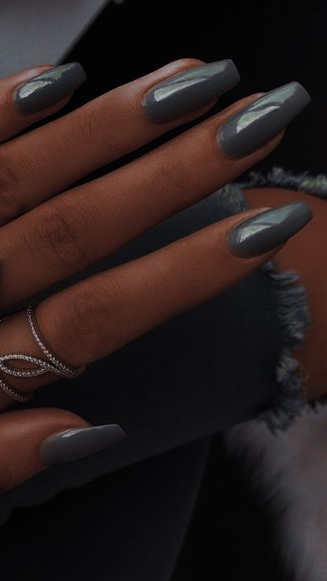 Gray Nails 2023, Slate Gray Nails, Dull Nail Colors, Dark Gray Acrylic Nails, Nail Inspo Grey, Gray Square Acrylic Nails, Square Dark Nails, Nails Solid Color Winter, Basic Nail Inspiration