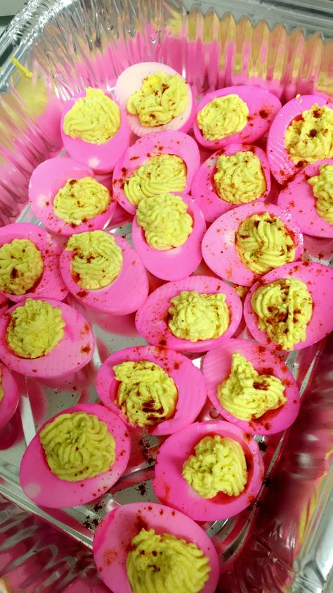 Pink Colored Appetizers, Pink Themed Dinner Food, Pink Food For Party, Barbie Brunch Food, Pink Savory Food Ideas, Pink Party Food Ideas Snacks, Color Party Ideas For Adults Pink, Pink Deviled Eggs, Baby Shower Foods Girl