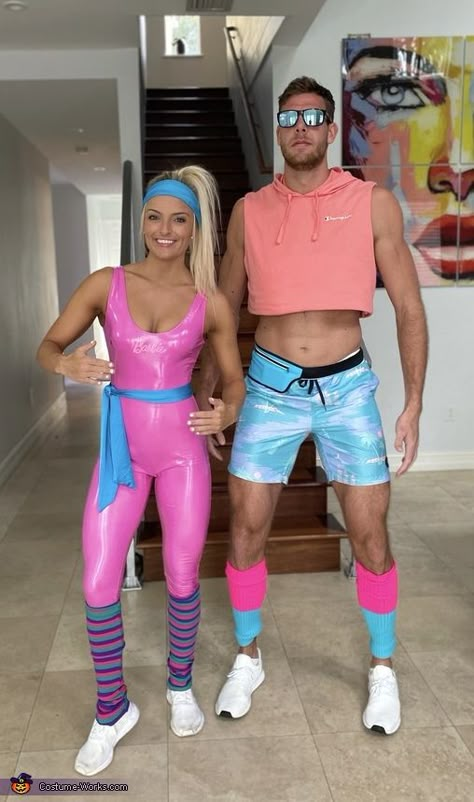 Kate: Kate is wearing Barbie and Tyler is wearing Ken. Barbie Outfit Women, Barbie And Ken Dress Up Party, Barbie Outfit Halloween Costume, Hot Barbie Costume, Ken Barbie Outfit Ideas, Barbie And Dog Costume, Barbie Party Theme Outfit, Barbie Fancy Dress Costume Ideas, How To Dress Like Barbie Outfit