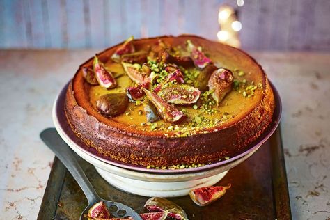 "Dates, sesame, pistachios and honey all come together in this luscious Middle Eastern-style cheesecake," says Jamie Oliver. Date Cheesecake, At Home Dinner Date, Home Dinner Date, Amazing Christmas Desserts, Ultimate Cheesecake, Middle Eastern Sweets, Halal Snacks, Baking Projects, Spring Night